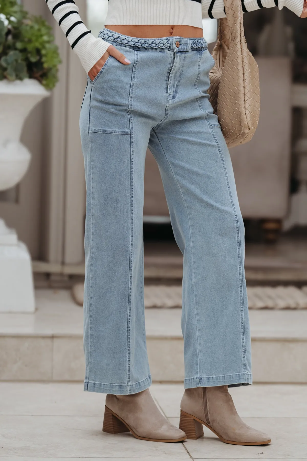Braided Seam Detail Wide Leg Jeans - Light Blue - FINAL SALE