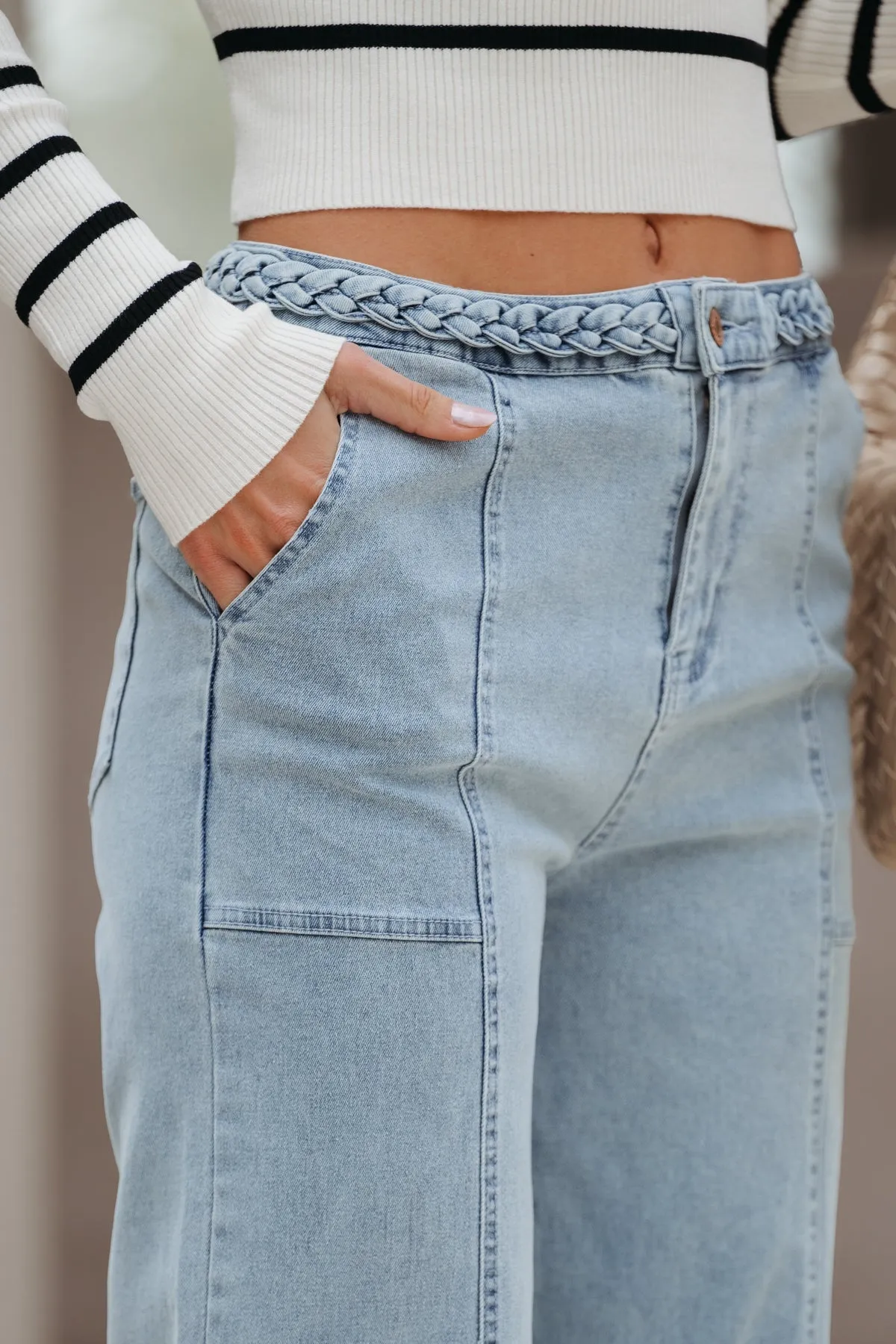 Braided Seam Detail Wide Leg Jeans - Light Blue - FINAL SALE