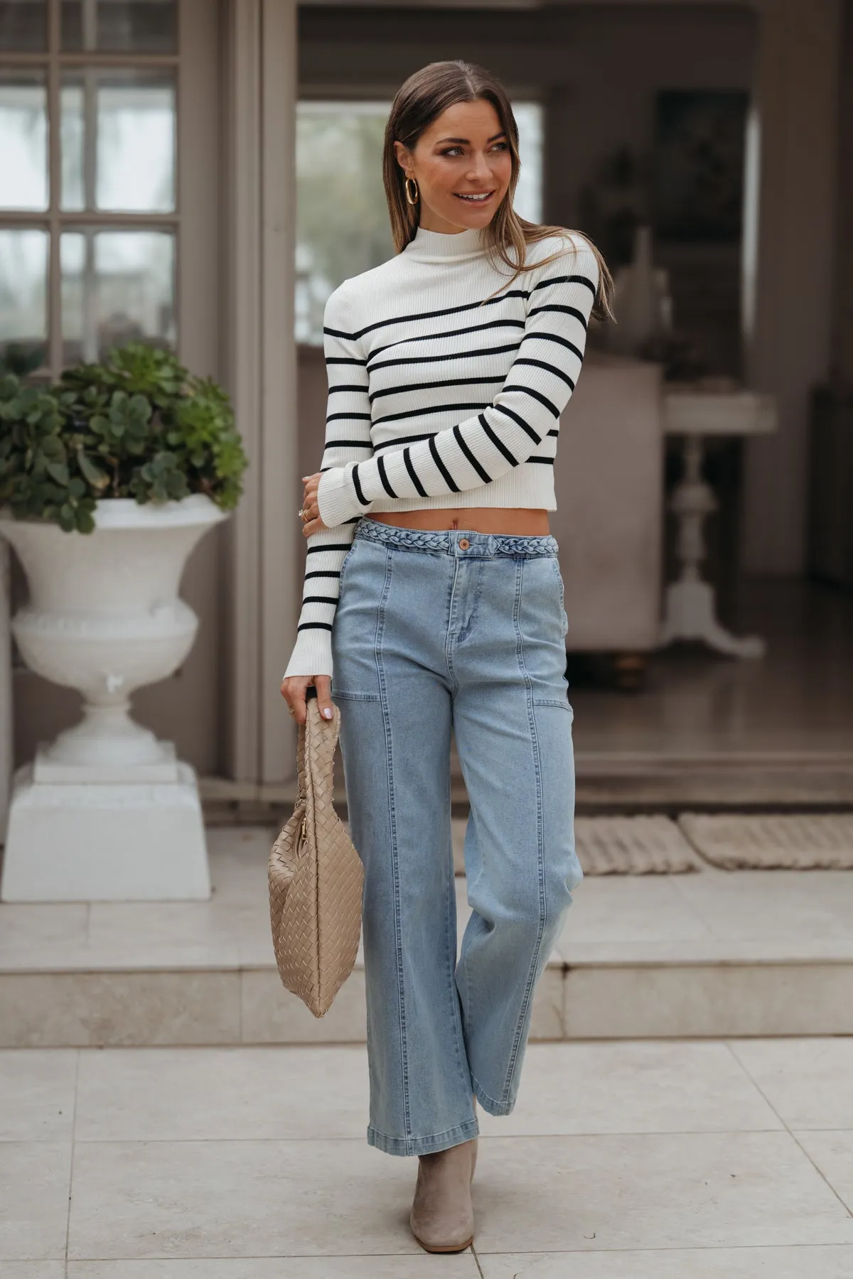 Braided Seam Detail Wide Leg Jeans - Light Blue - FINAL SALE