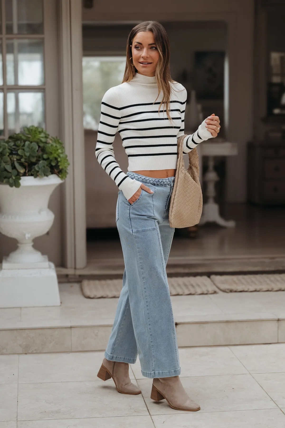 Braided Seam Detail Wide Leg Jeans - Light Blue - FINAL SALE