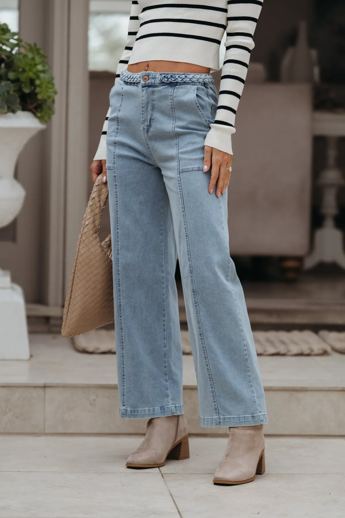 Braided Seam Detail Wide Leg Jeans - Light Blue - FINAL SALE