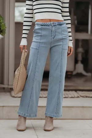 Braided Seam Detail Wide Leg Jeans - Light Blue - FINAL SALE
