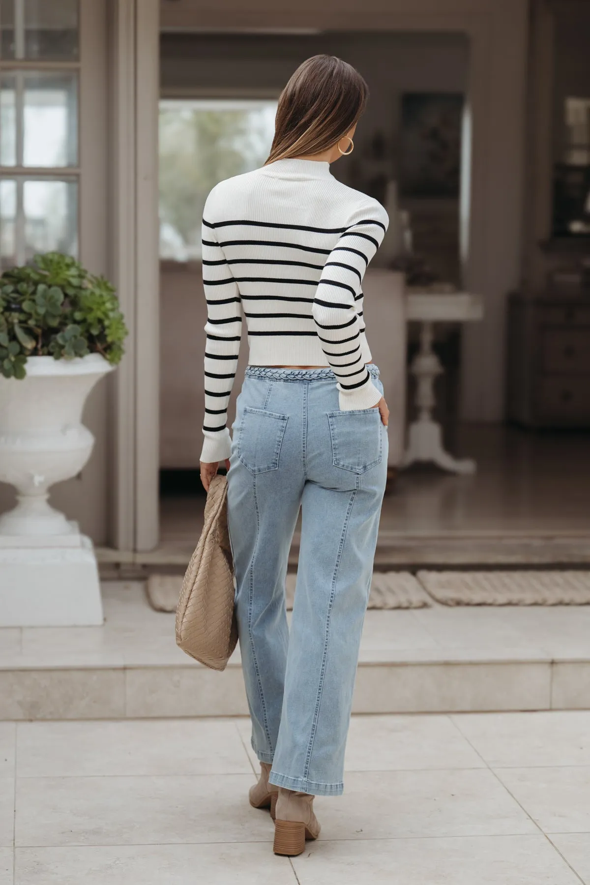 Braided Seam Detail Wide Leg Jeans - Light Blue - FINAL SALE