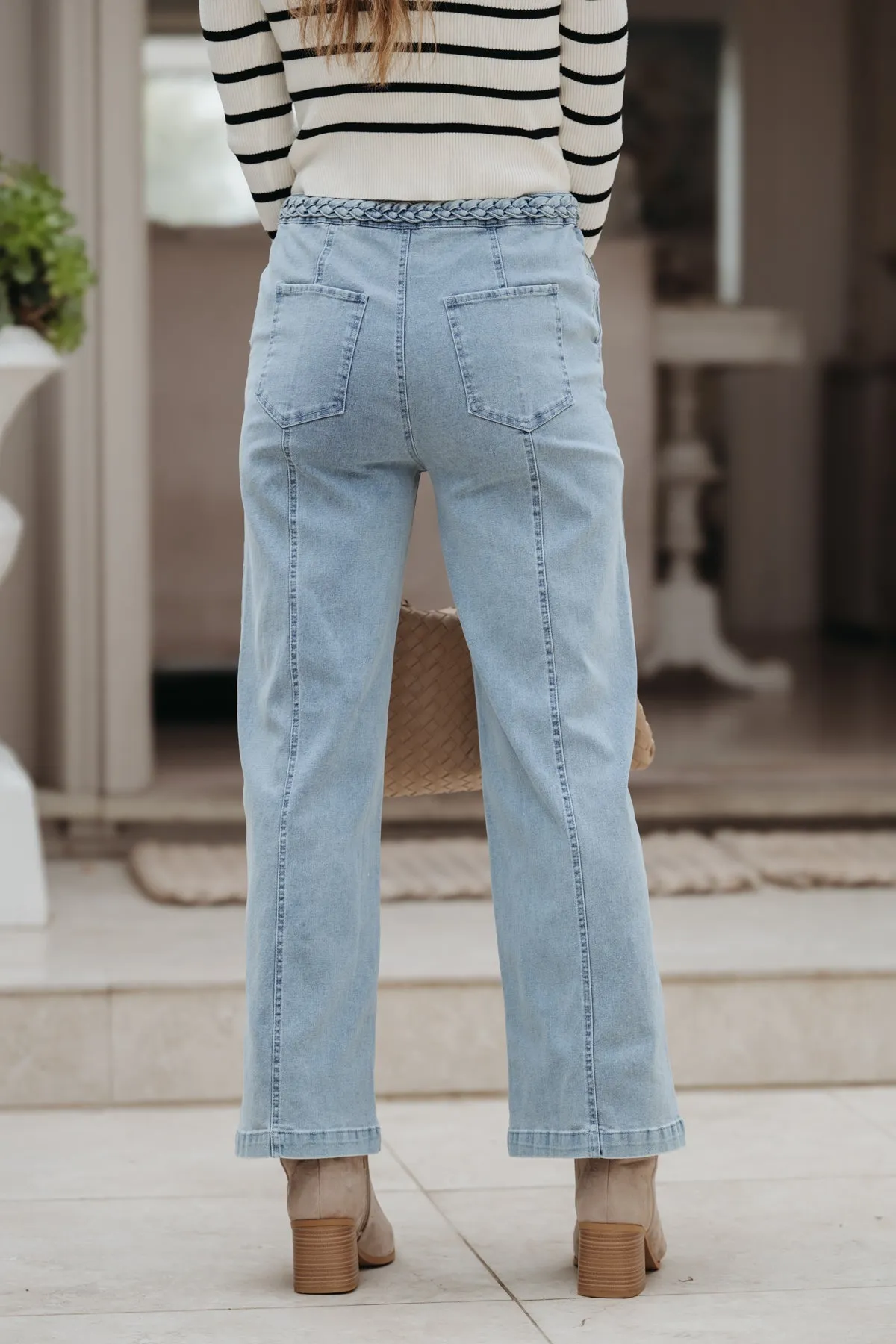 Braided Seam Detail Wide Leg Jeans - Light Blue - FINAL SALE