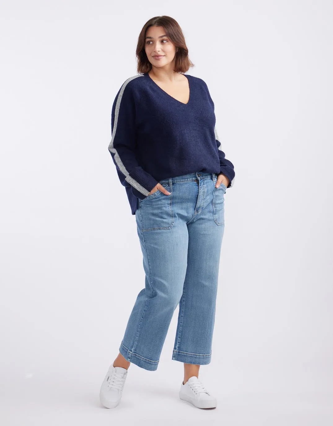 Chalet V Neck Knit Jumper - French Navy/Grey