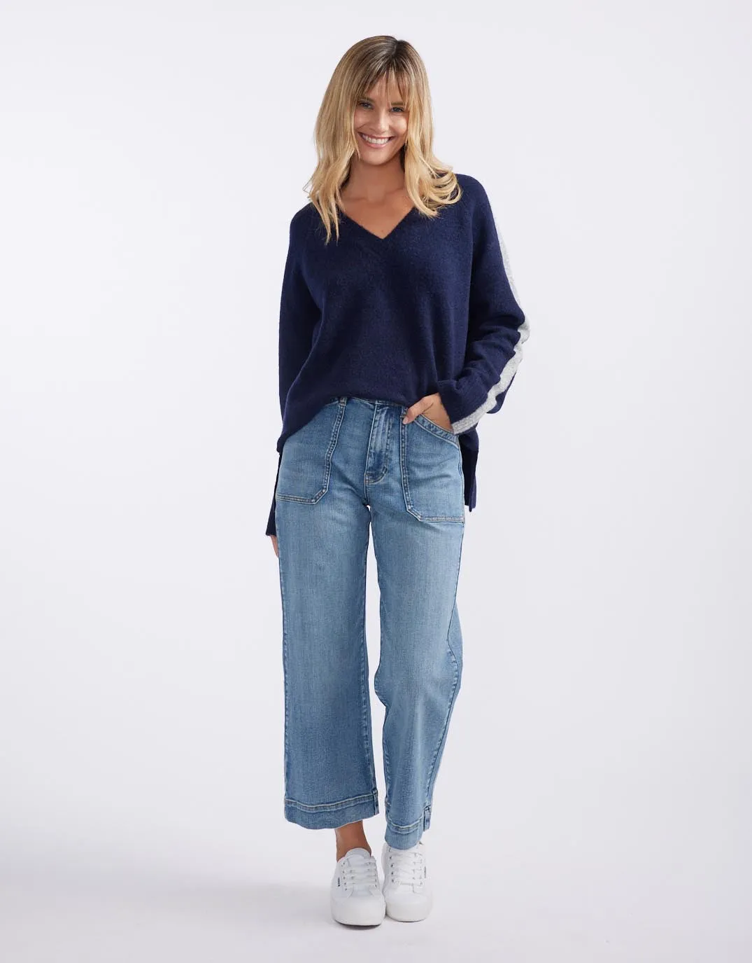 Chalet V Neck Knit Jumper - French Navy/Grey