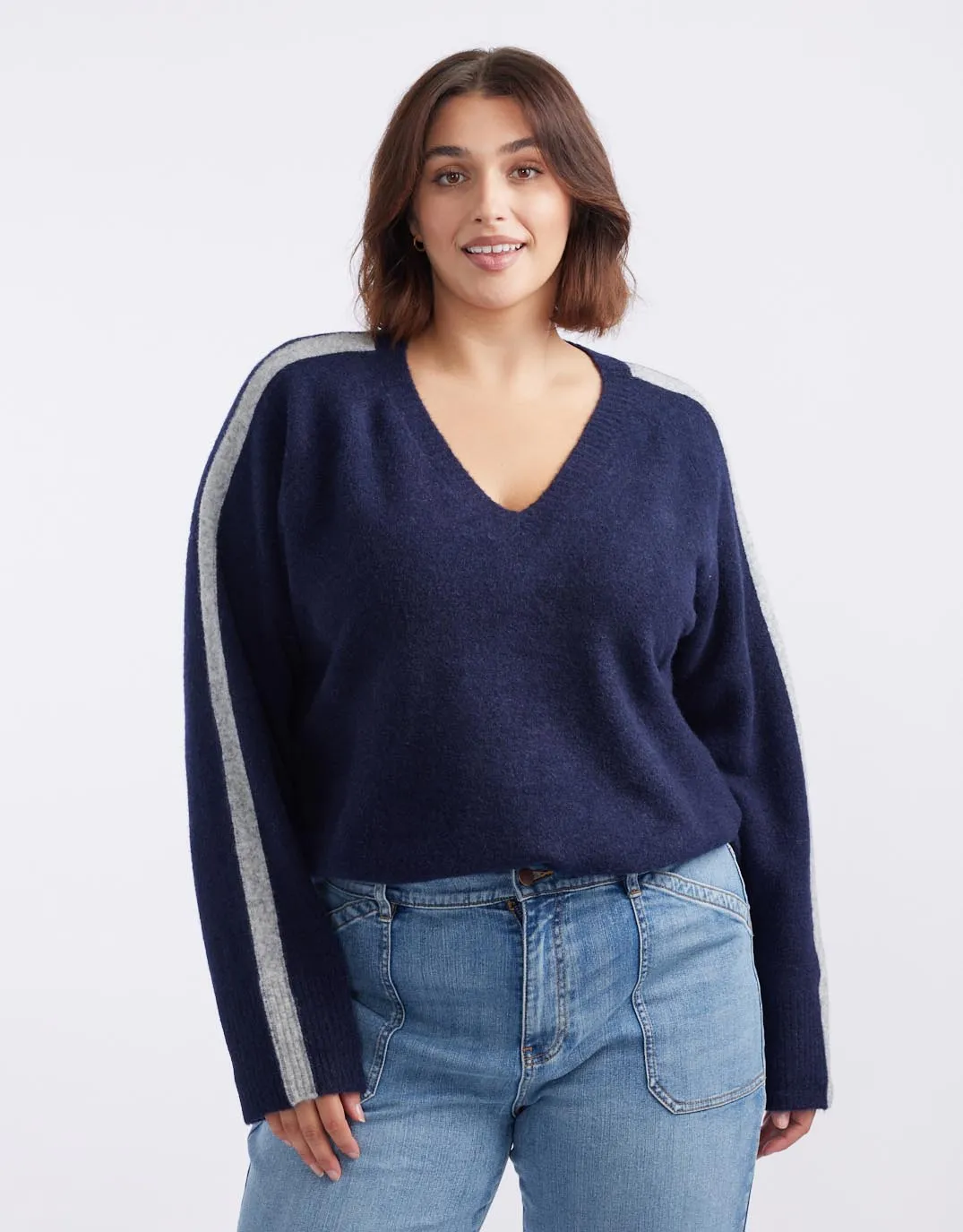 Chalet V Neck Knit Jumper - French Navy/Grey