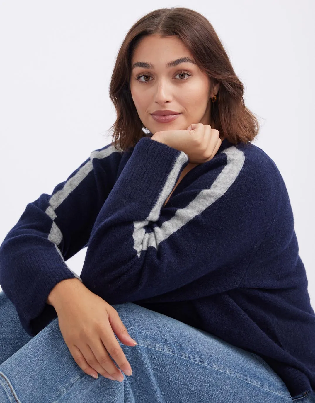 Chalet V Neck Knit Jumper - French Navy/Grey