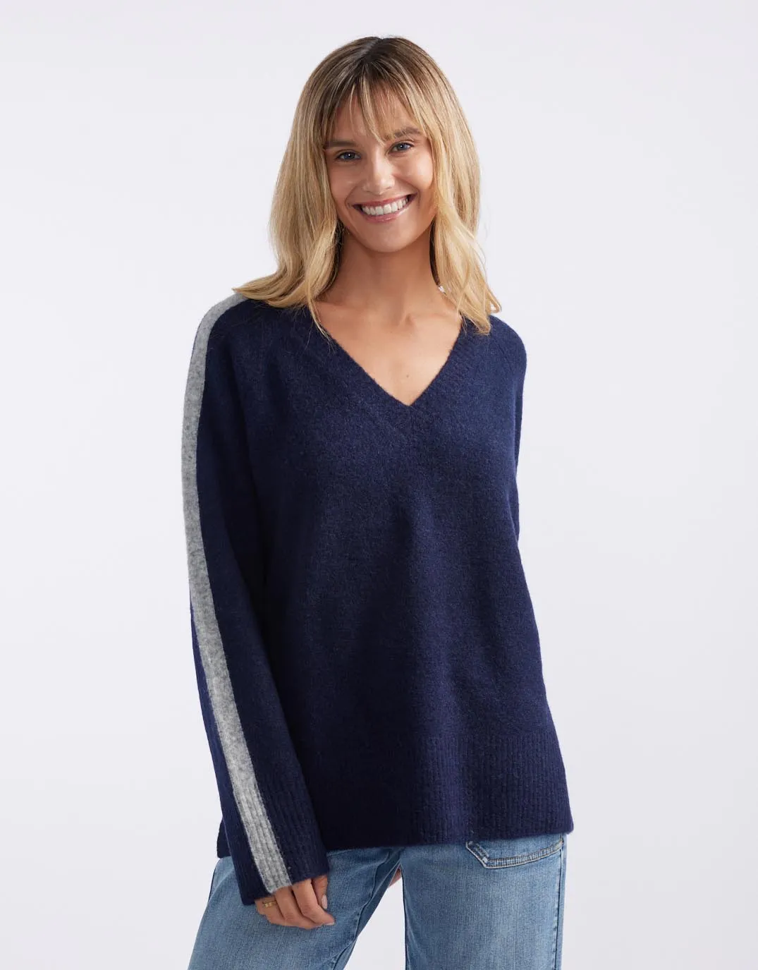 Chalet V Neck Knit Jumper - French Navy/Grey