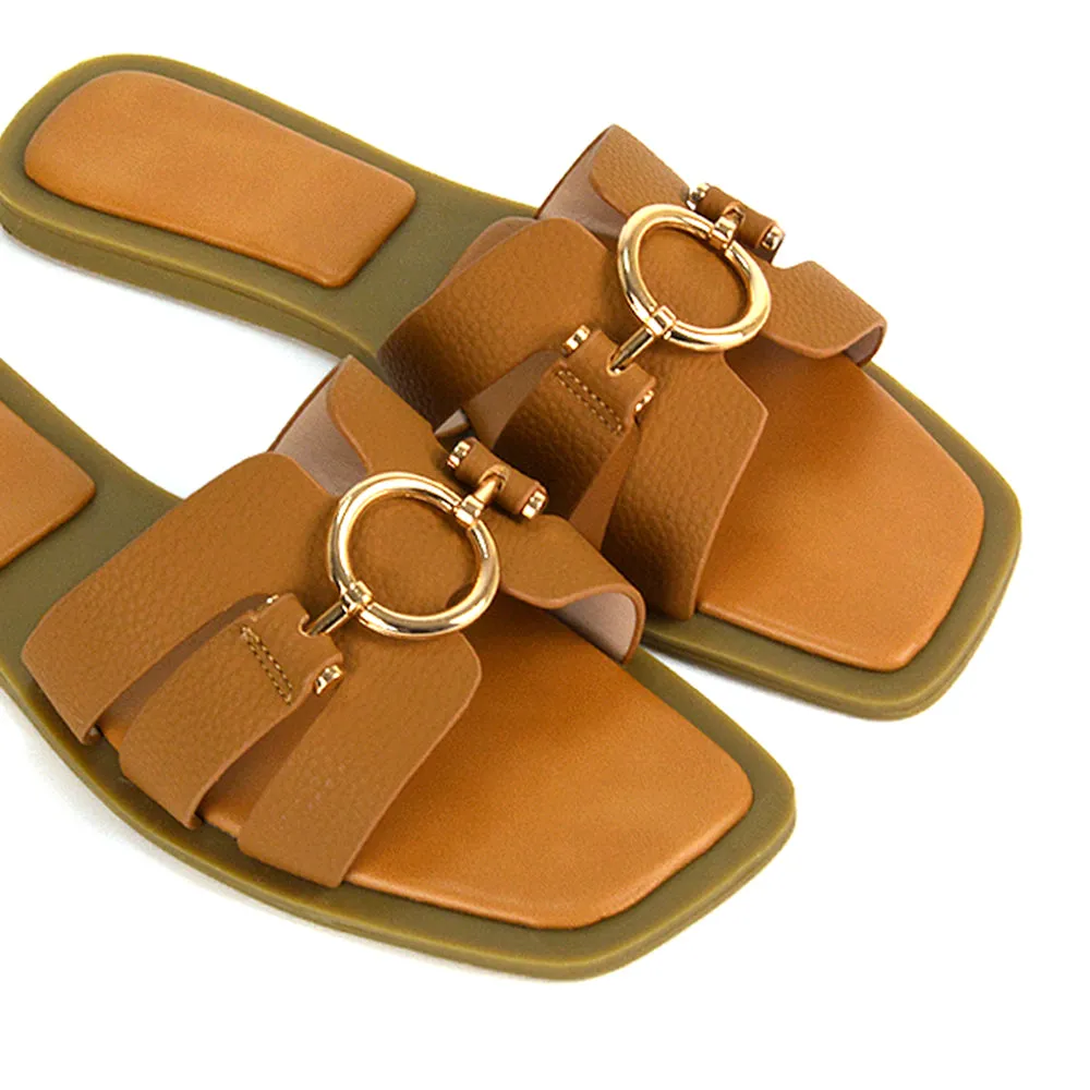 Char Slip On Flat Sandals Square Toe Gold Buckle Summer Slides in Tan