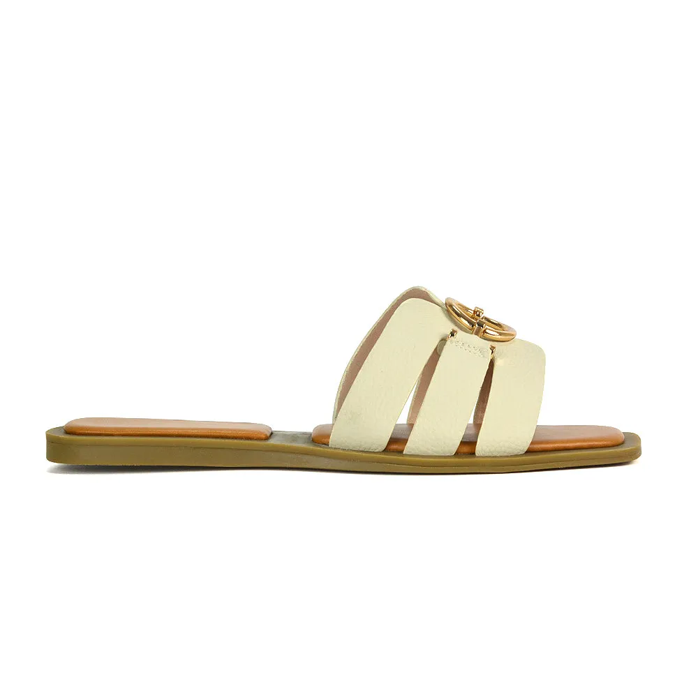 Char Slip On Flat Sandals Square Toe Gold Buckle Summer Slides in Tan