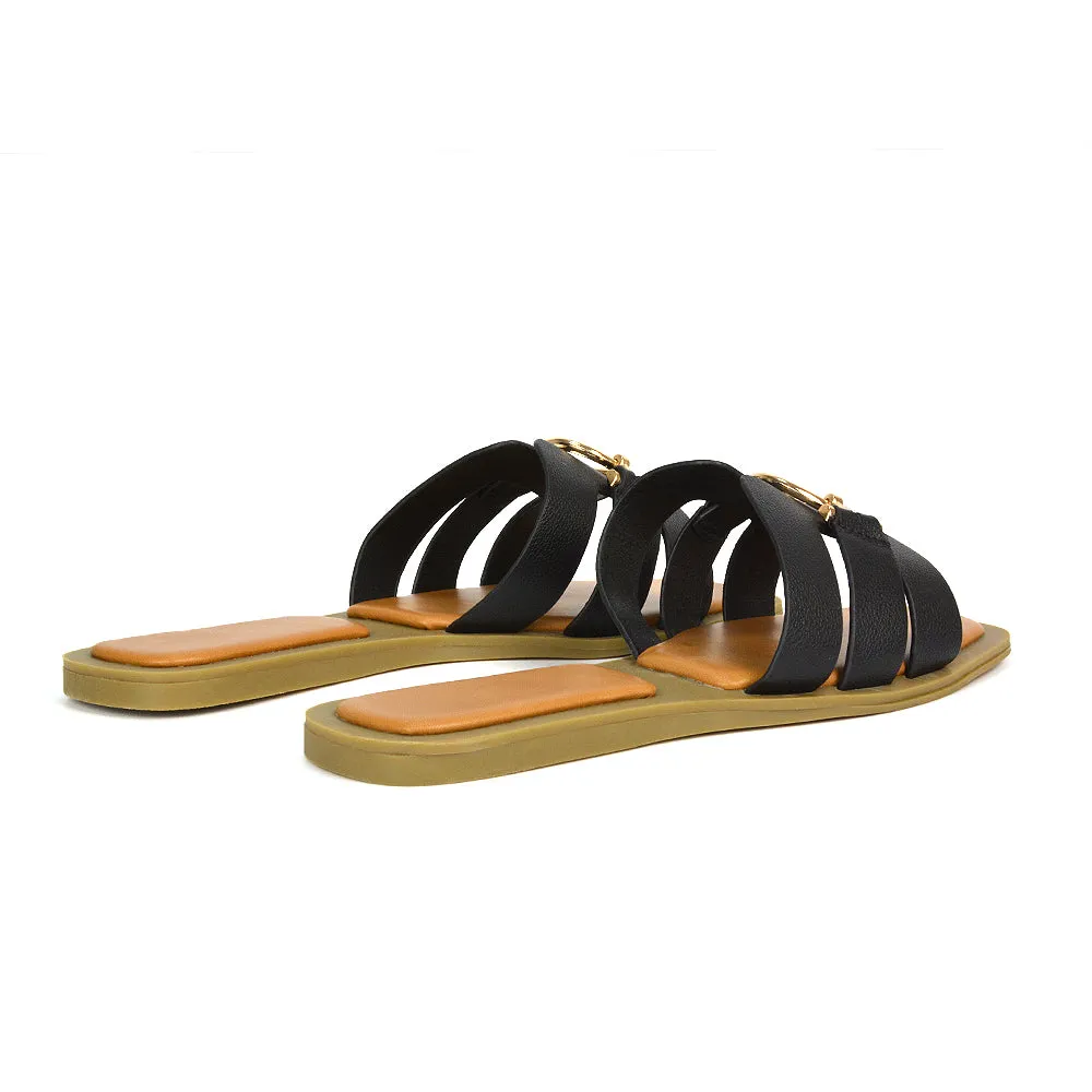 Char Slip On Flat Sandals Square Toe Gold Buckle Summer Slides in Tan