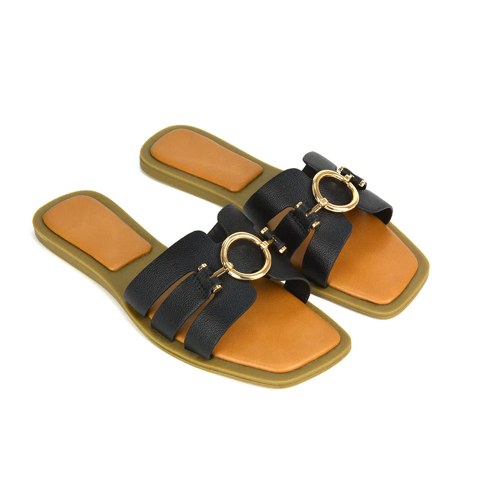 Char Slip On Flat Sandals Square Toe Gold Buckle Summer Slides in Tan