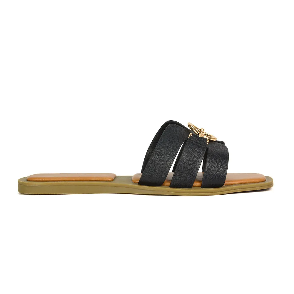 Char Slip On Flat Sandals Square Toe Gold Buckle Summer Slides in Tan