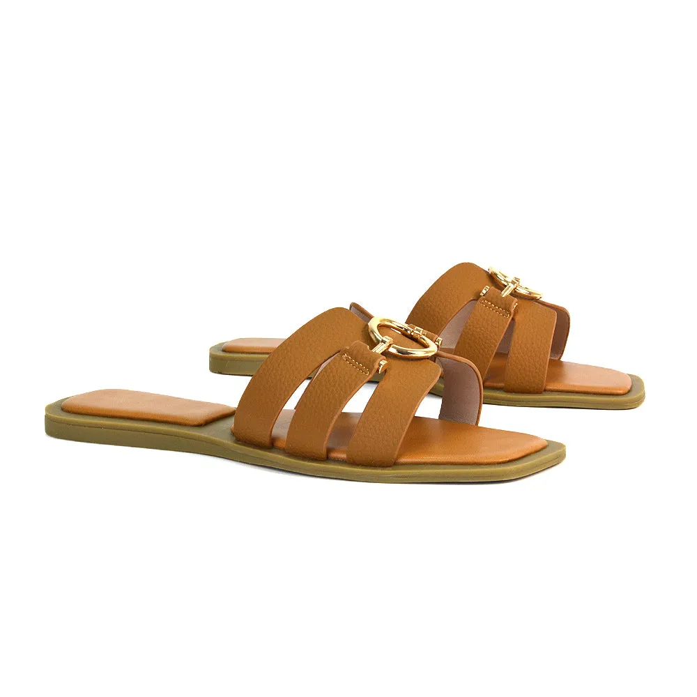Char Slip On Flat Sandals Square Toe Gold Buckle Summer Slides in Tan