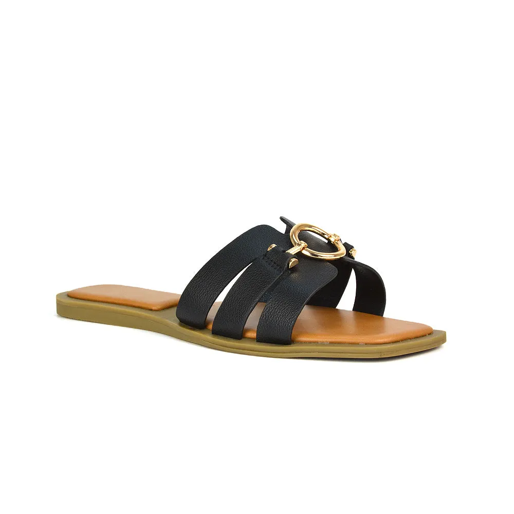Char Slip On Flat Sandals Square Toe Gold Buckle Summer Slides in Tan