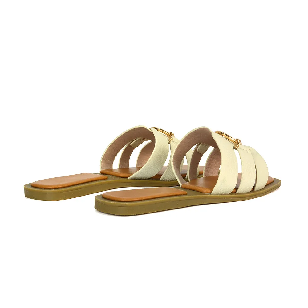 Char Slip On Flat Sandals Square Toe Gold Buckle Summer Slides in Tan
