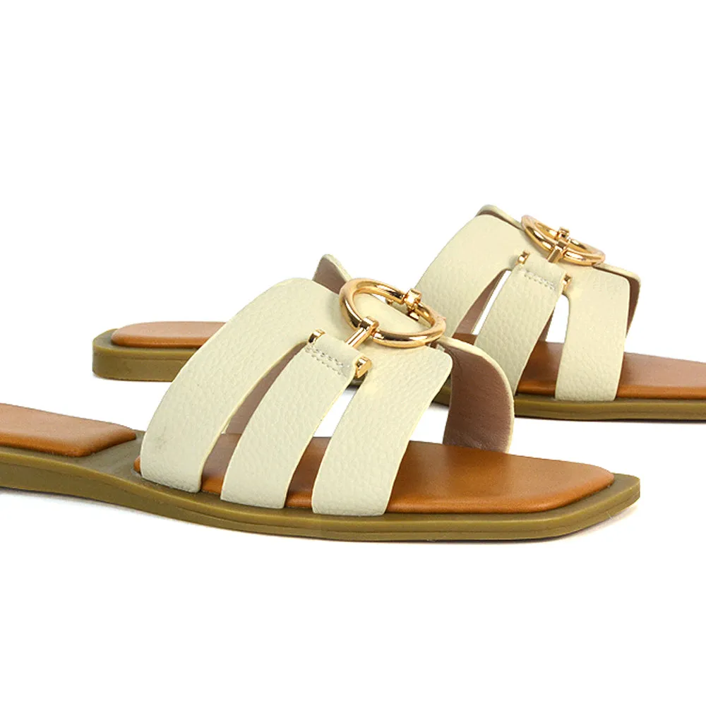 Char Slip On Flat Sandals Square Toe Gold Buckle Summer Slides in Tan
