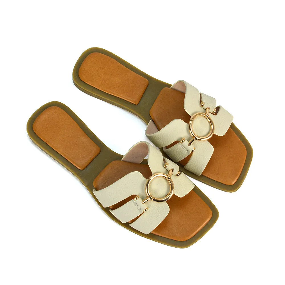 Char Slip On Flat Sandals Square Toe Gold Buckle Summer Slides in Tan