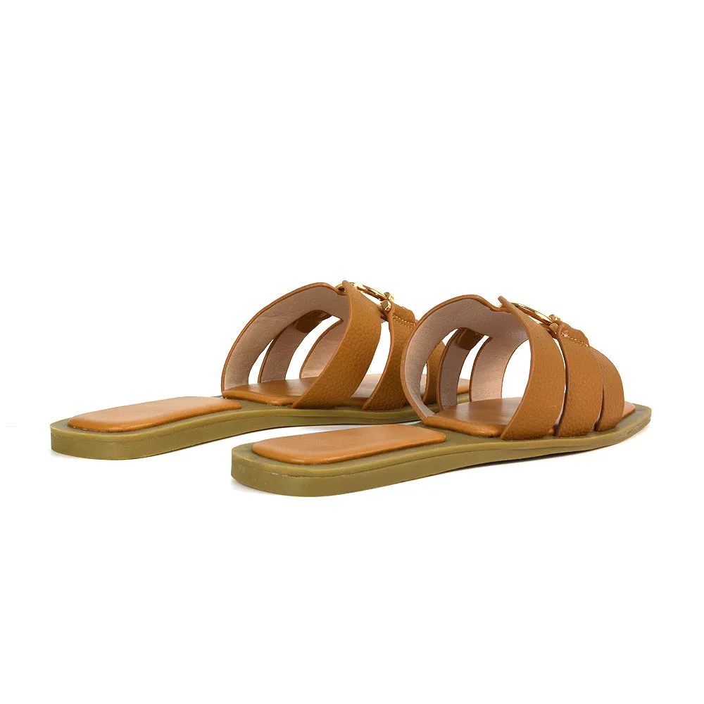 Char Slip On Flat Sandals Square Toe Gold Buckle Summer Slides in Tan