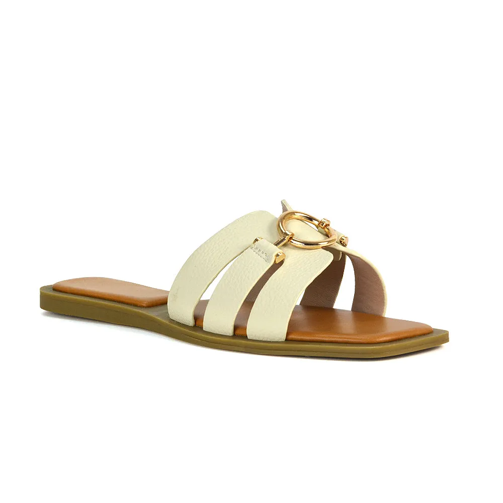 Char Slip On Flat Sandals Square Toe Gold Buckle Summer Slides in Tan
