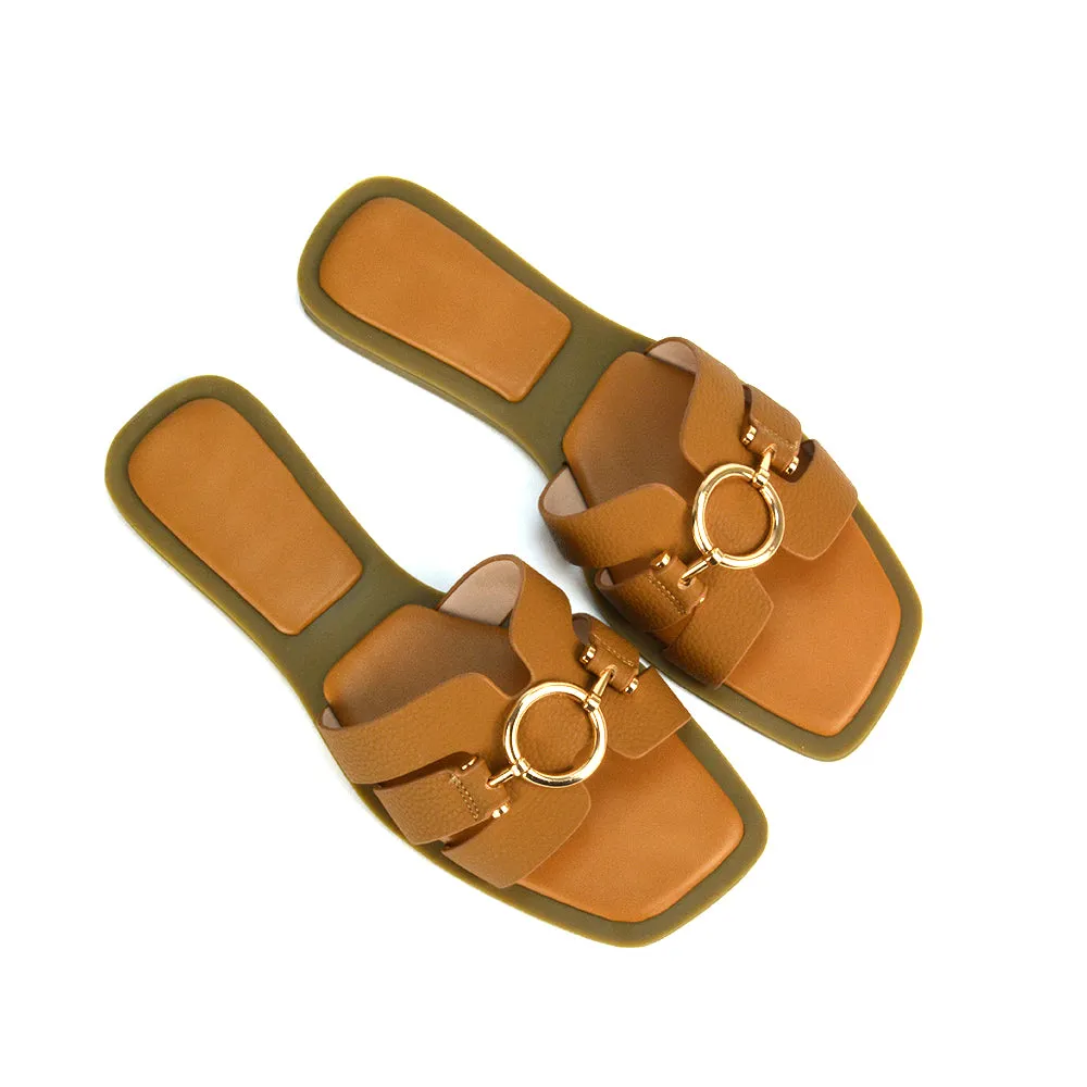 Char Slip On Flat Sandals Square Toe Gold Buckle Summer Slides in Tan