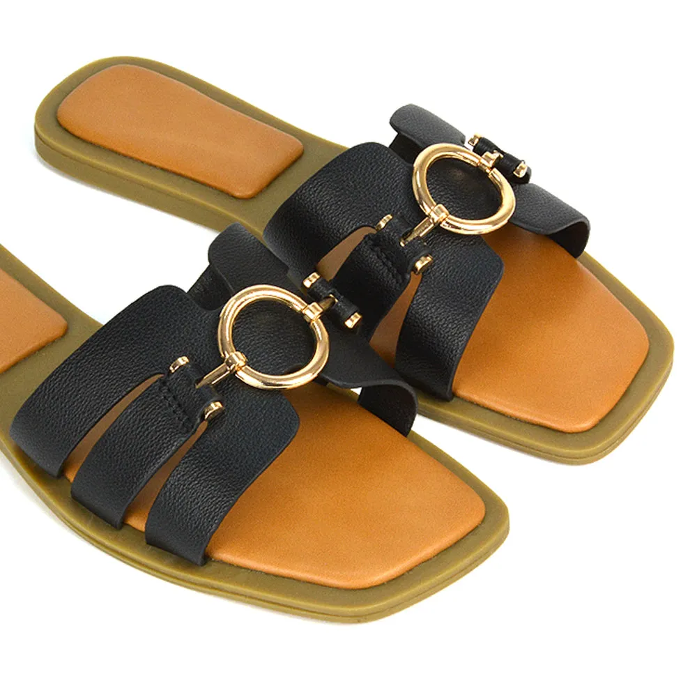 Char Slip On Flat Sandals Square Toe Gold Buckle Summer Slides in Tan
