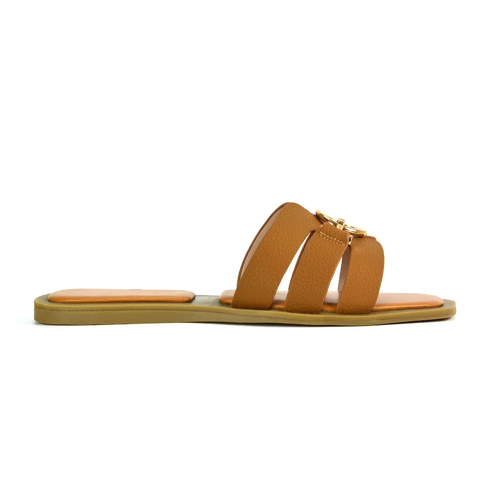 Char Slip On Flat Sandals Square Toe Gold Buckle Summer Slides in Tan
