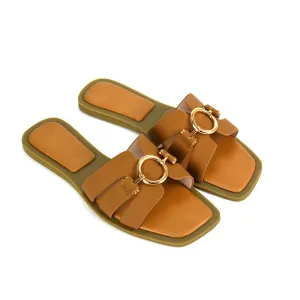 Char Slip On Flat Sandals Square Toe Gold Buckle Summer Slides in Tan