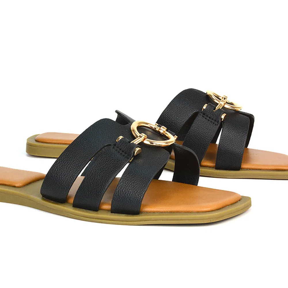 Char Slip On Flat Sandals Square Toe Gold Buckle Summer Slides in Tan