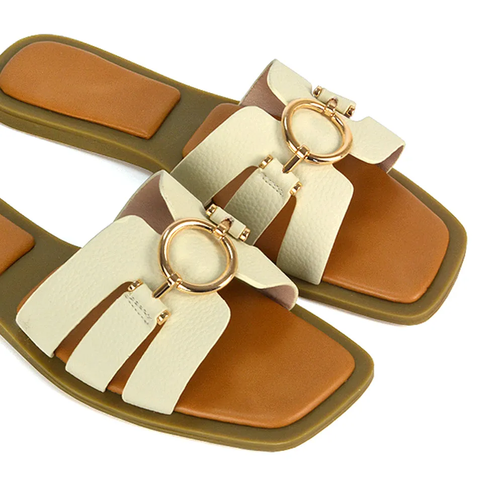 Char Slip On Flat Sandals Square Toe Gold Buckle Summer Slides in Tan