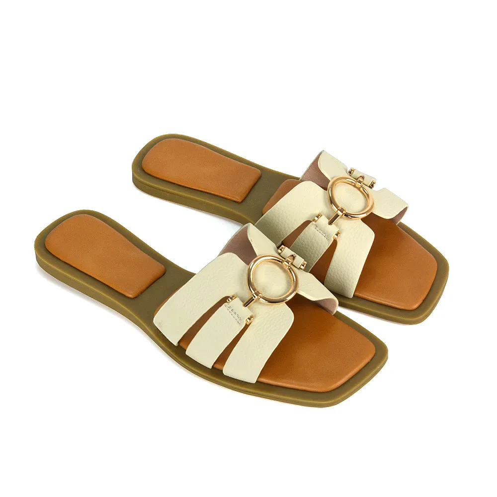 Char Slip On Flat Sandals Square Toe Gold Buckle Summer Slides in Tan