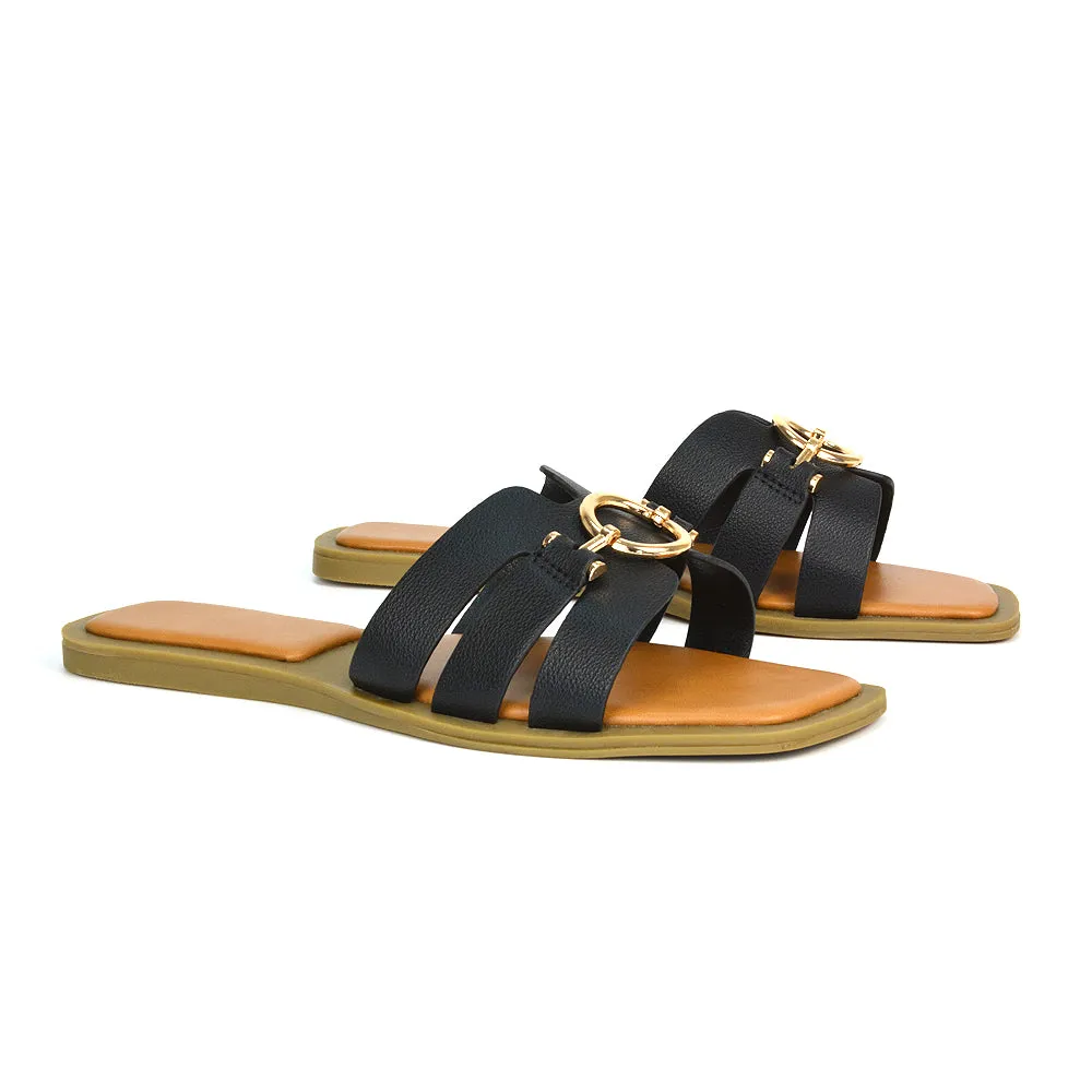 Char Slip On Flat Sandals Square Toe Gold Buckle Summer Slides in Tan