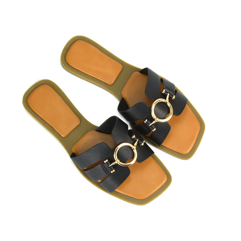 Char Slip On Flat Sandals Square Toe Gold Buckle Summer Slides in Tan
