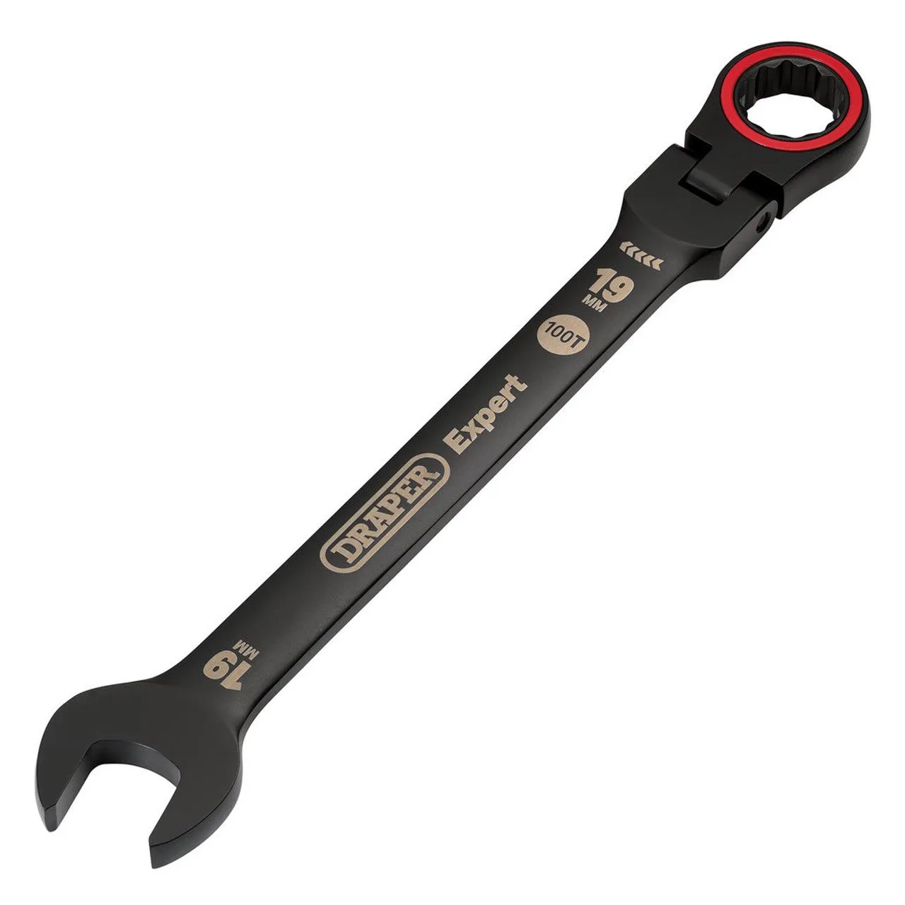 Draper Expert HI-TORQ® Metric Flexible Head Ratchet Combination Spanner, 19mm, Black