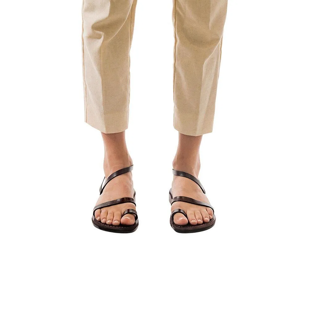 Ella - Leather Ankle Strap Flat Sandal | Brown