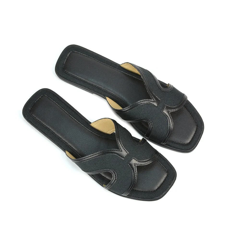 Isabella Slip On Cut Out Square Toe Flat Sandal Slides in Beige