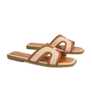 Isabella Slip On Cut Out Square Toe Flat Sandal Slides in Beige