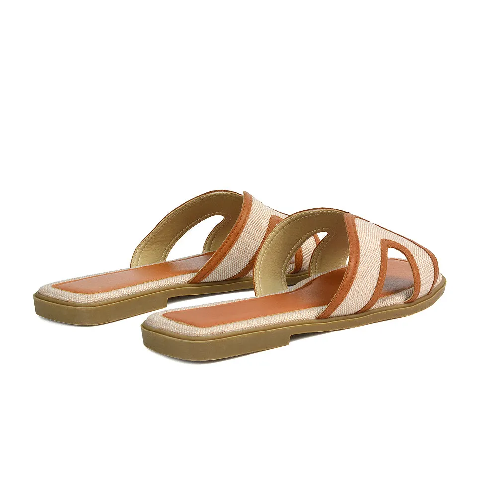 Isabella Slip On Cut Out Square Toe Flat Sandal Slides in Beige