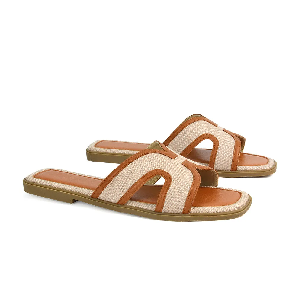 Isabella Slip On Cut Out Square Toe Flat Sandal Slides in Beige