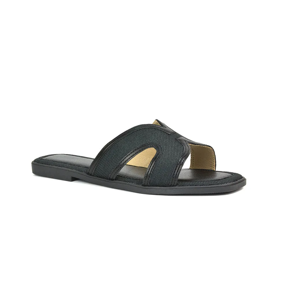 Isabella Slip On Cut Out Square Toe Flat Sandal Slides in Beige