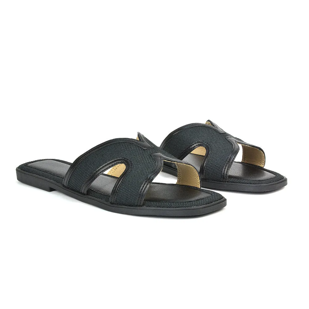 Isabella Slip On Cut Out Square Toe Flat Sandal Slides in Beige