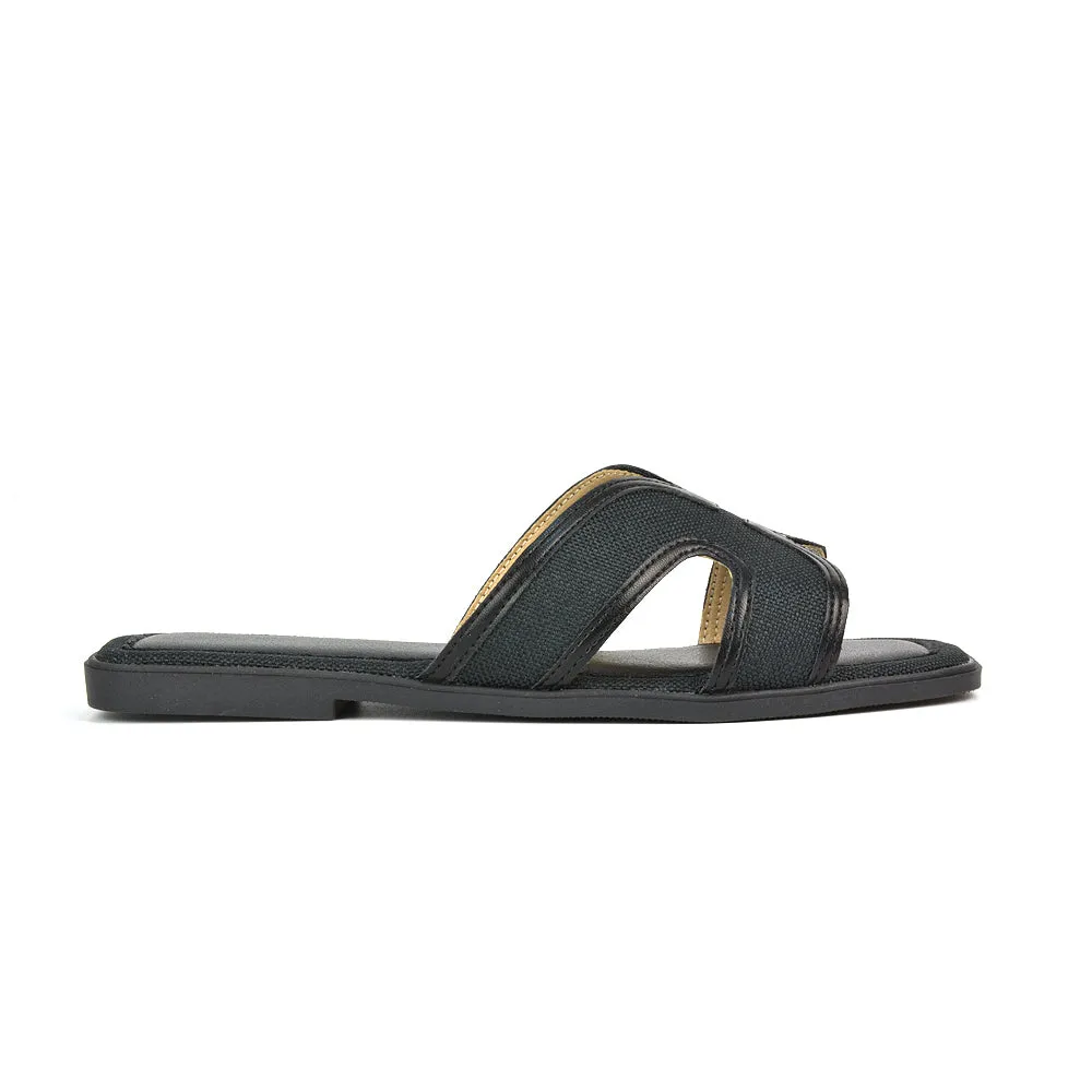 Isabella Slip On Cut Out Square Toe Flat Sandal Slides in Beige