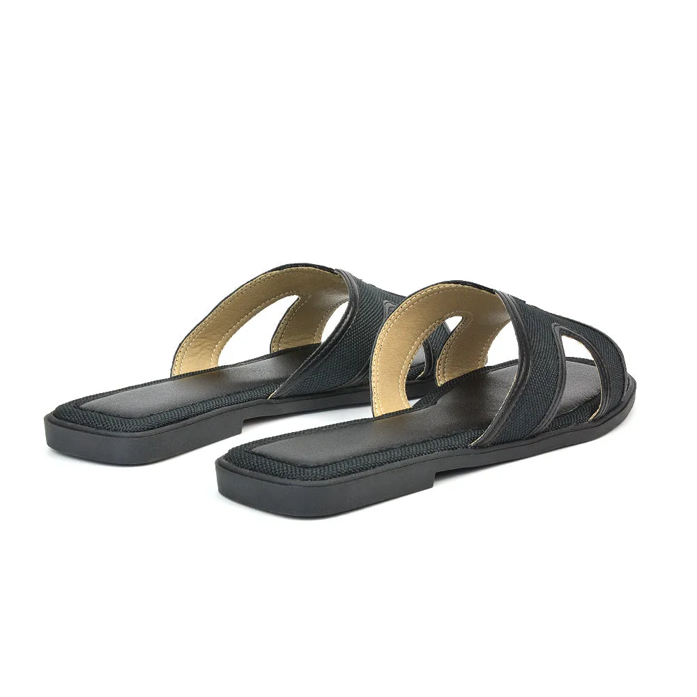 Isabella Slip On Cut Out Square Toe Flat Sandal Slides in Black