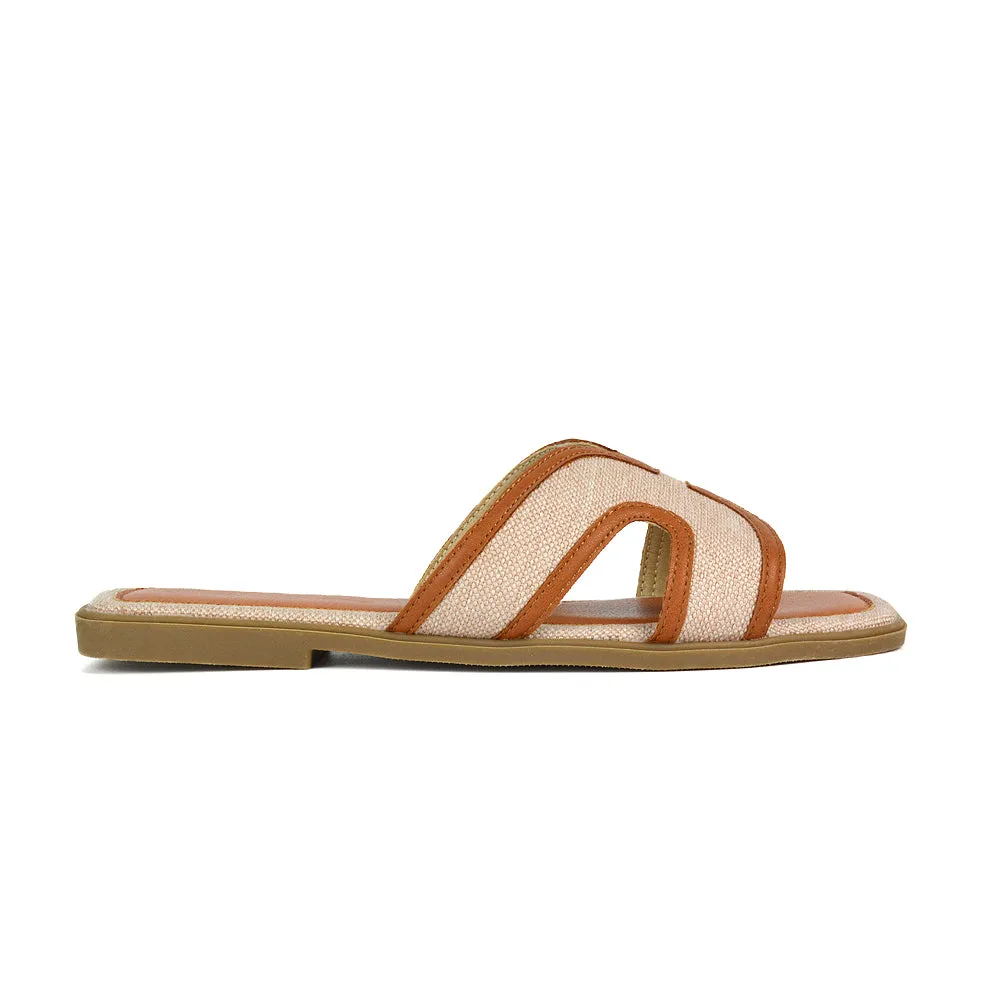 Isabella Slip On Cut Out Square Toe Flat Sandal Slides in Black