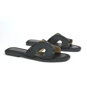 Isabella Slip On Cut Out Square Toe Flat Sandal Slides in Black