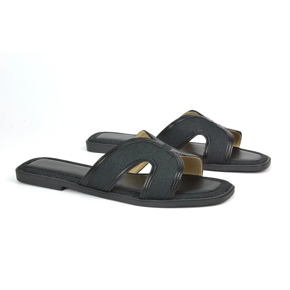 Isabella Slip On Cut Out Square Toe Flat Sandal Slides in Black