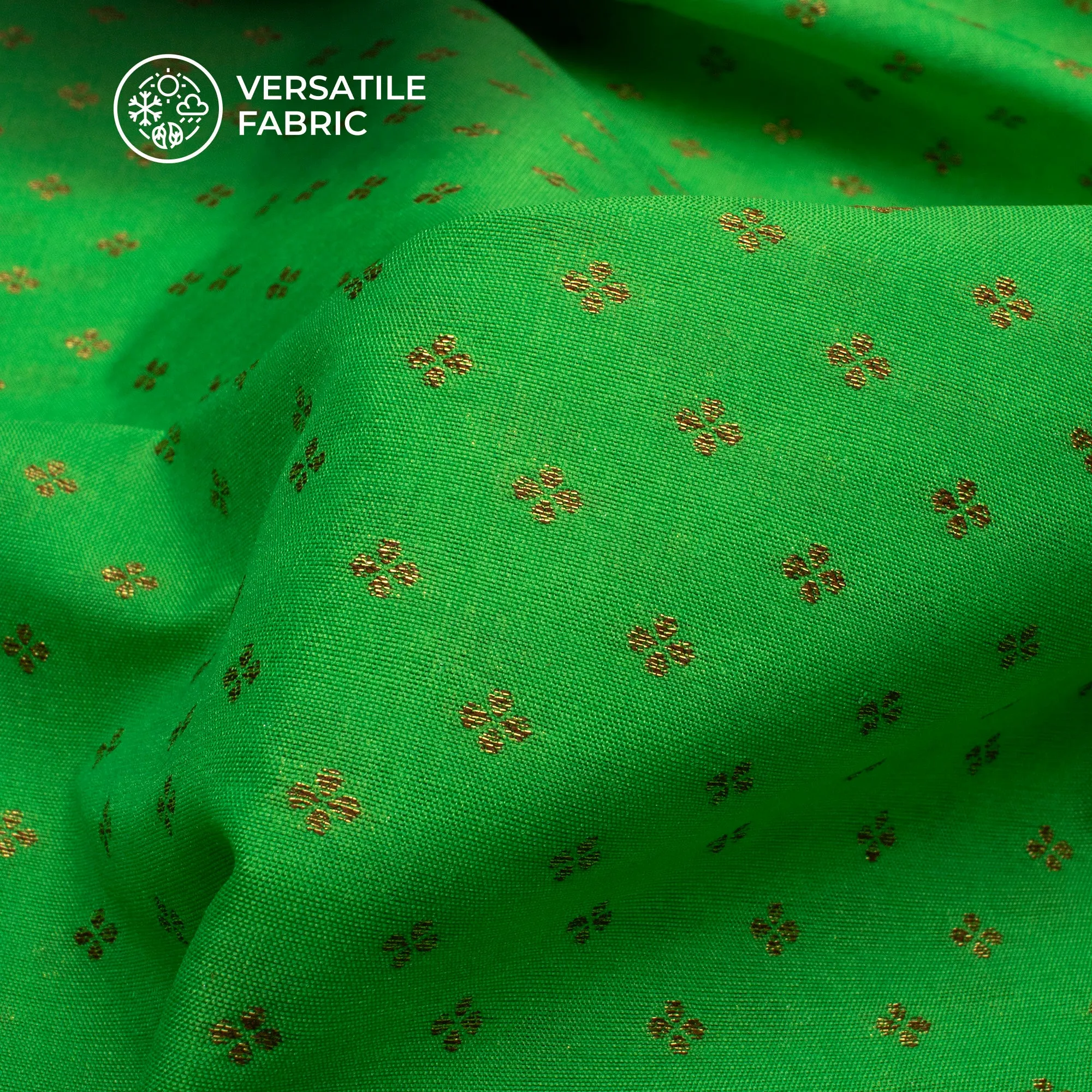 Kelly Green And Golden Booti Pattern Pure Katan Banarasi Silk Fabric