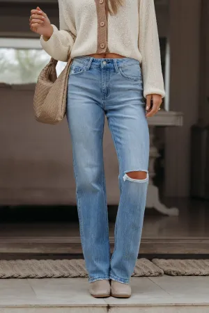 Light Wash High Rise Distressed Slim Wide Leg Jeans - FINAL SALE