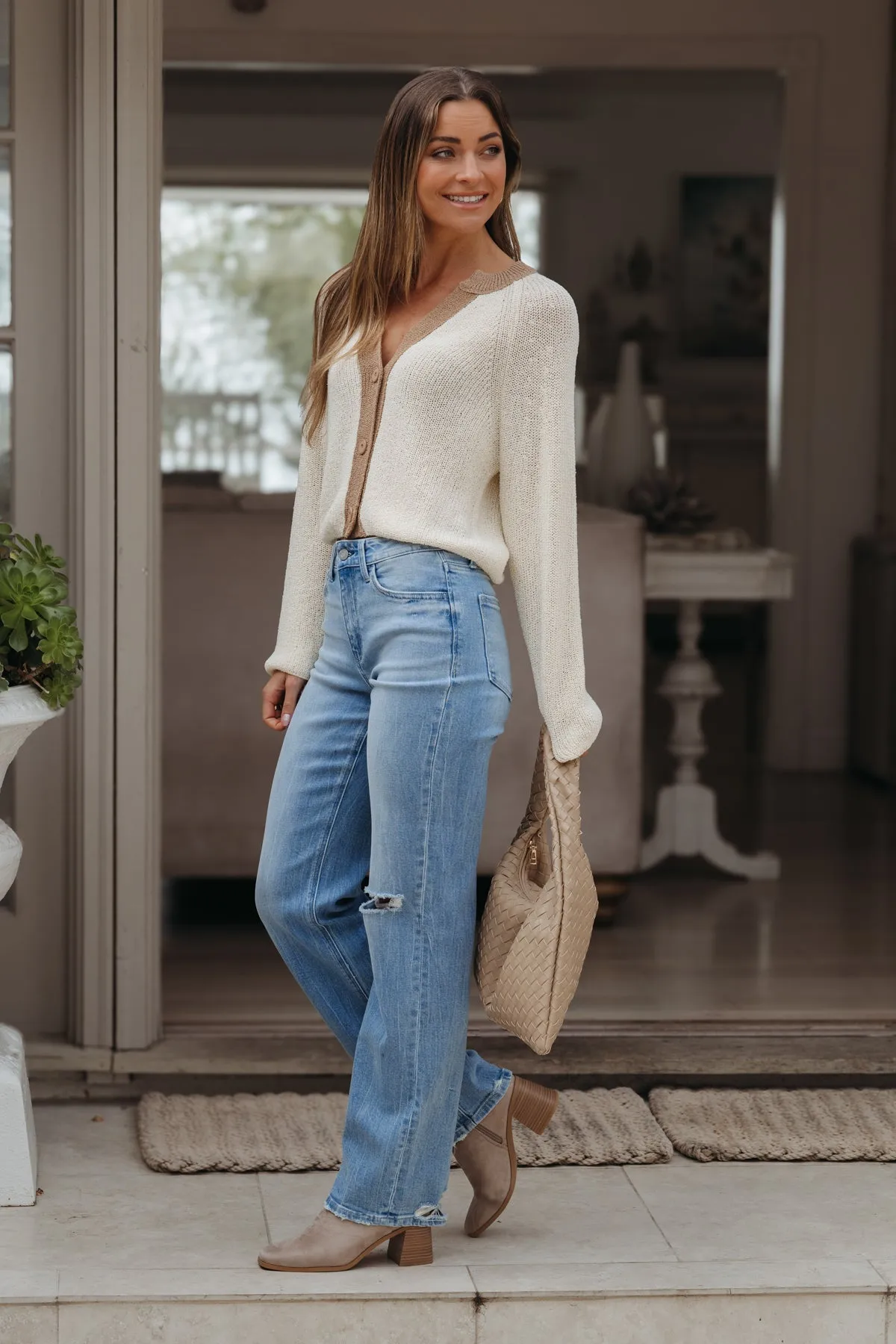 Light Wash High Rise Distressed Slim Wide Leg Jeans - FINAL SALE